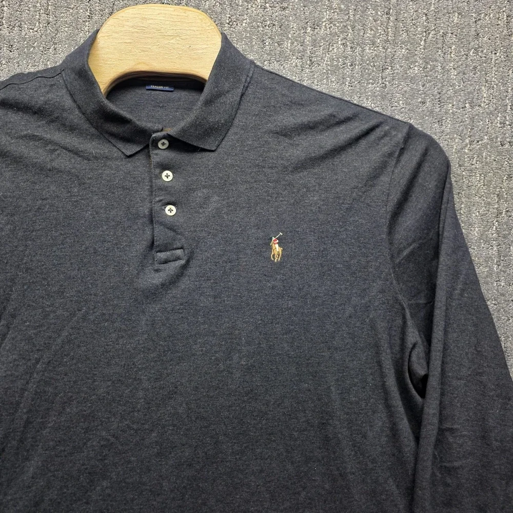 Polo Ralph Lauren Mens Long Sleeve Polo Shirt XL Gray Suede Trim Placket Classic